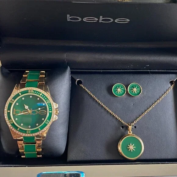 NIB Bebe Emerald Green & Gold Watch Earrings Locket Set - Picture 3 of 14